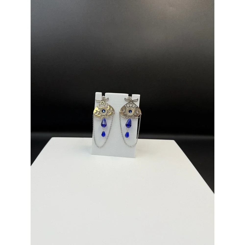 Vintage Womens silver Tone Chain‎ Blue Beaded Fashion Dangle/Drop Earrings